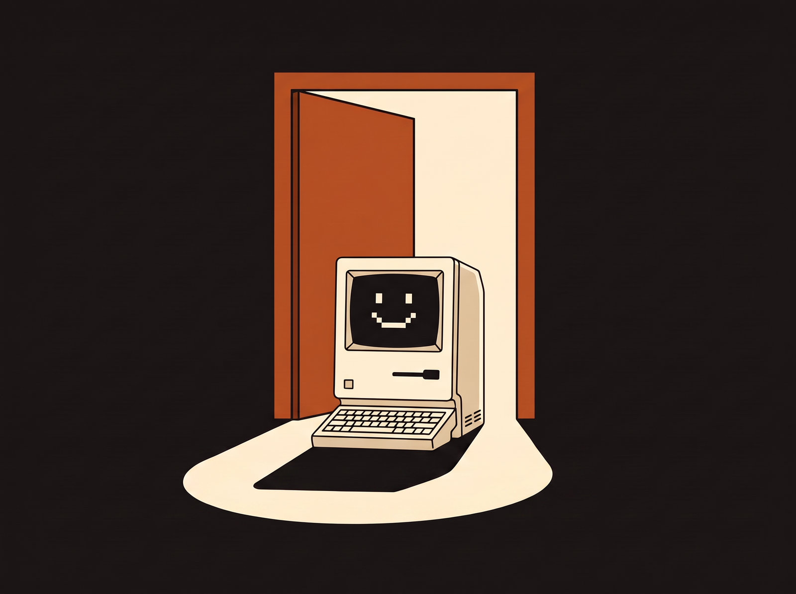 The Hack AI computer standing at an open door, light spilling out